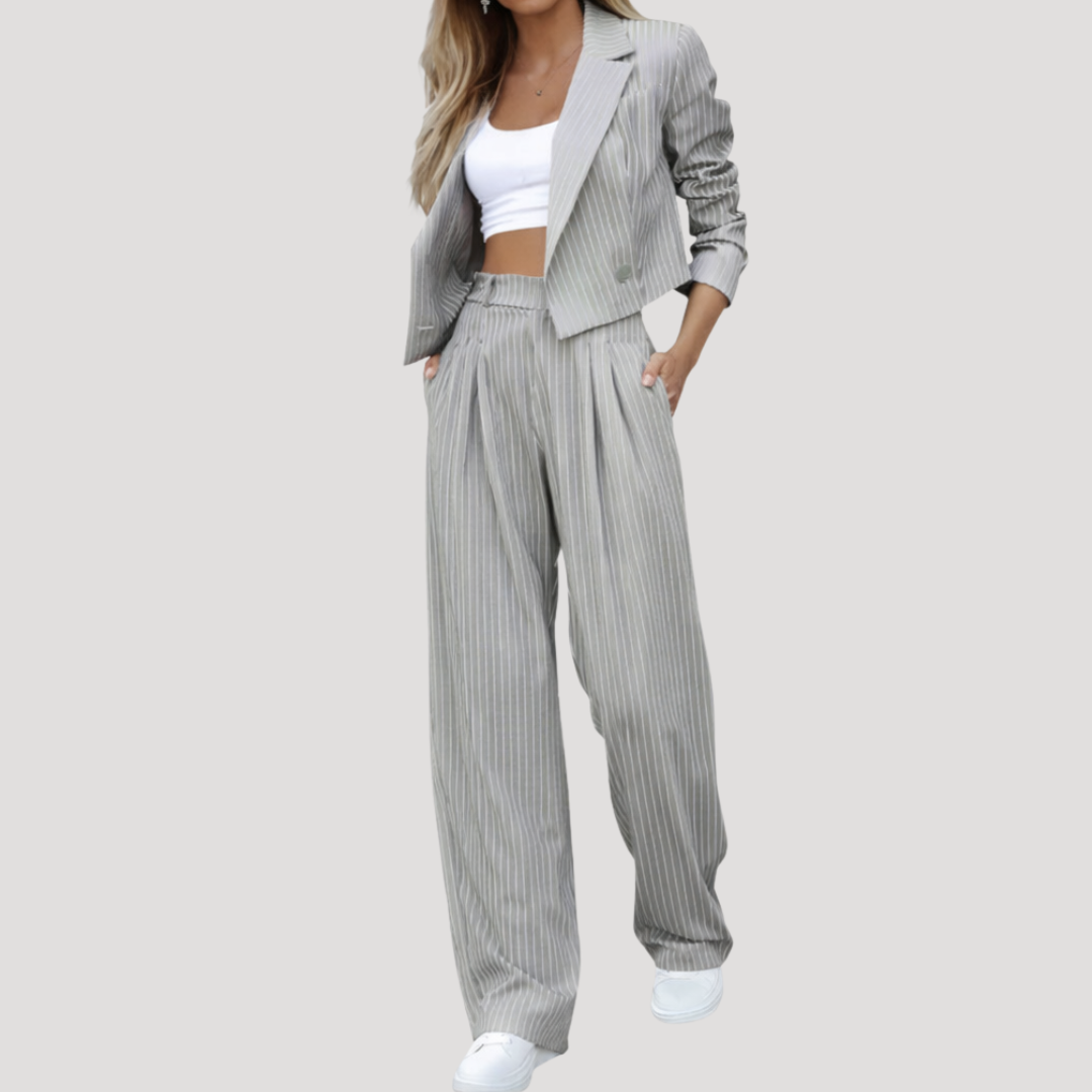 Valentina | Women's Pinstripe Blazer Wide Leg Pants Set - Grey - Image 1
