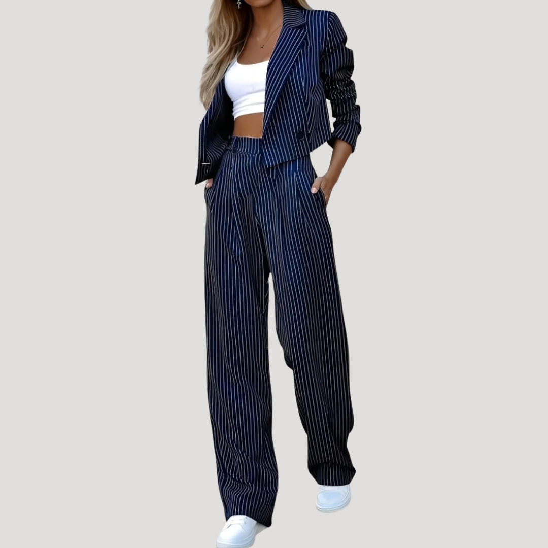 Valentina | Women's Pinstripe Blazer Wide Leg Pants Set - Grey - Image 2