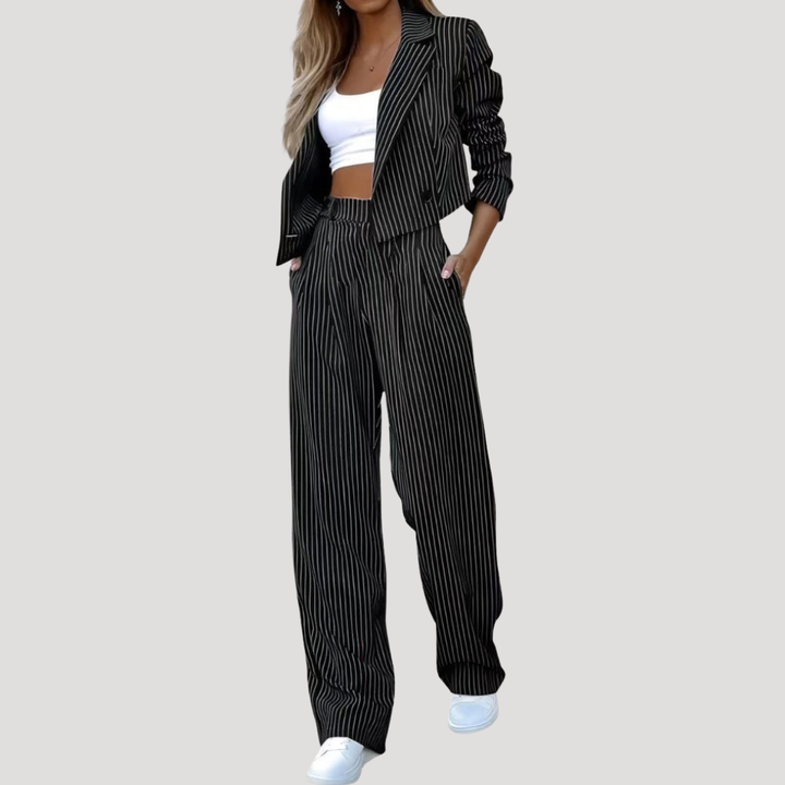 Valentina | Women's Pinstripe Blazer Wide Leg Pants Set - Grey - Image 3