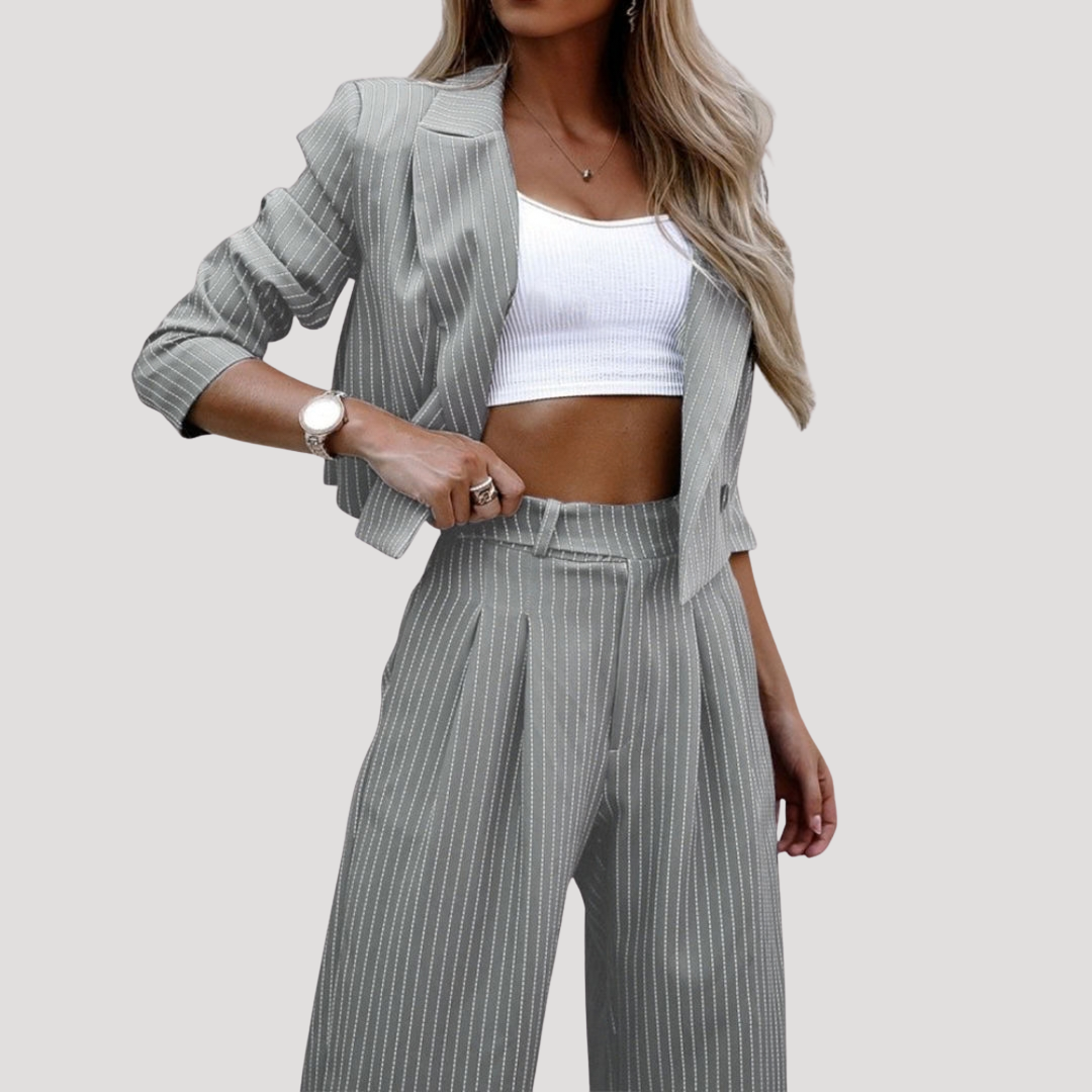 Valentina | Women's Pinstripe Blazer Wide Leg Pants Set - Grey - Image 4