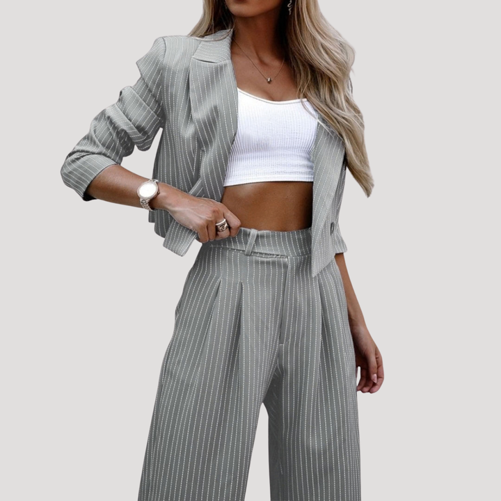 Valentina | Women's Pinstripe Blazer Wide Leg Pants Set - Grey - Image 4