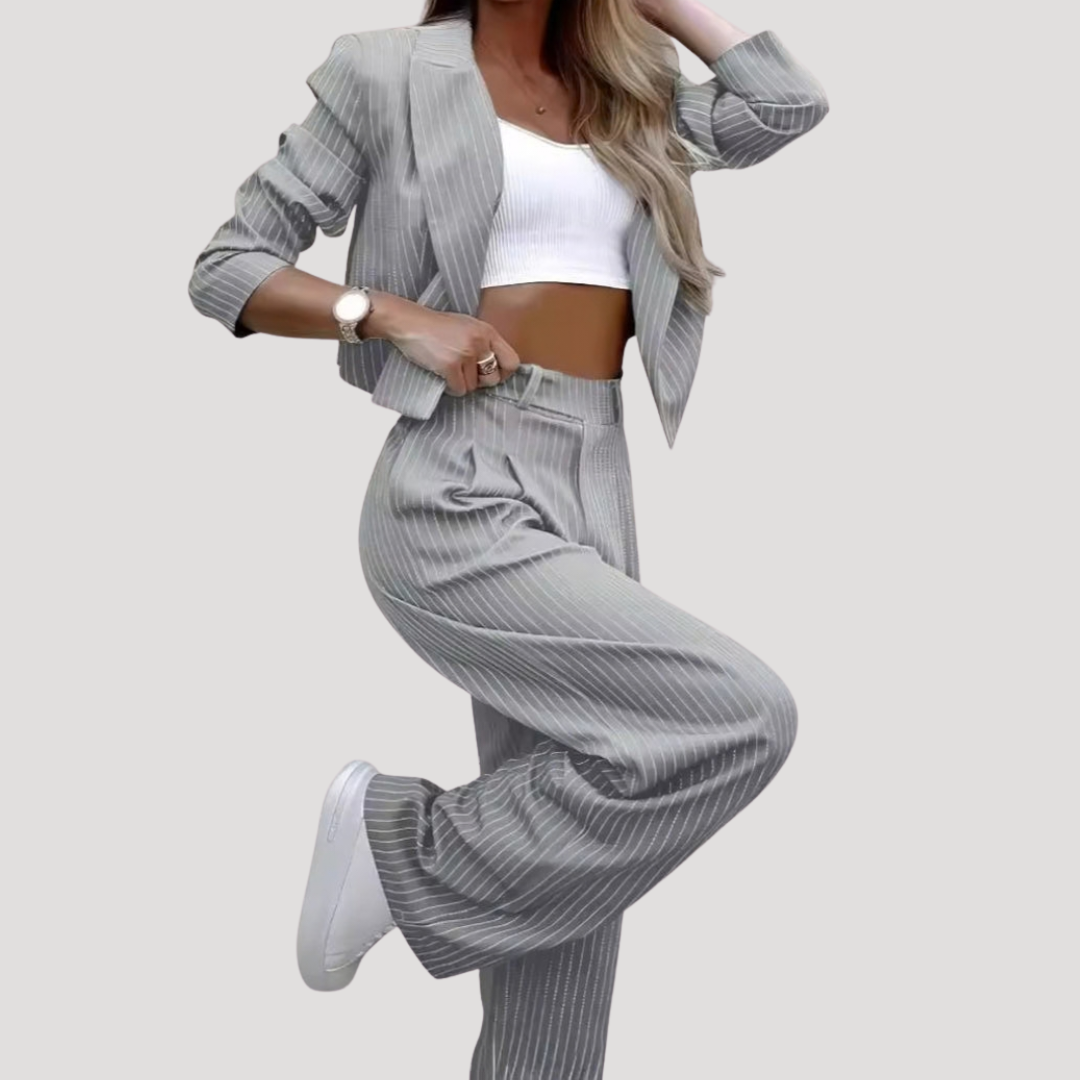 Valentina | Women's Pinstripe Blazer Wide Leg Pants Set - Grey - Image 5