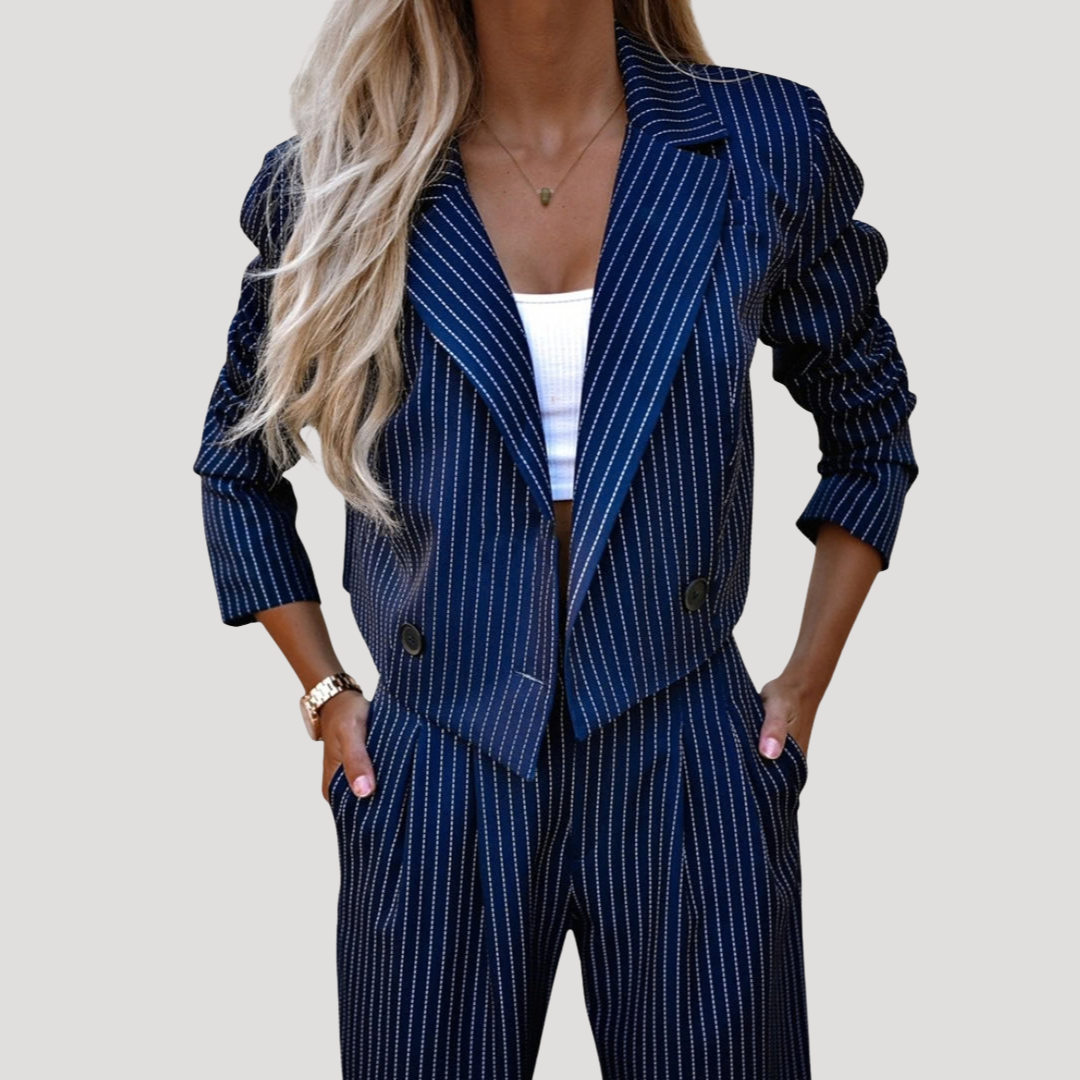 Valentina | Women's Pinstripe Blazer Wide Leg Pants Set - Grey - Image 6