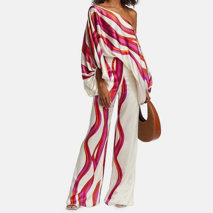 Wave | Women's Printed Two Piece Set Off Shoulder Top Wide Leg Pants