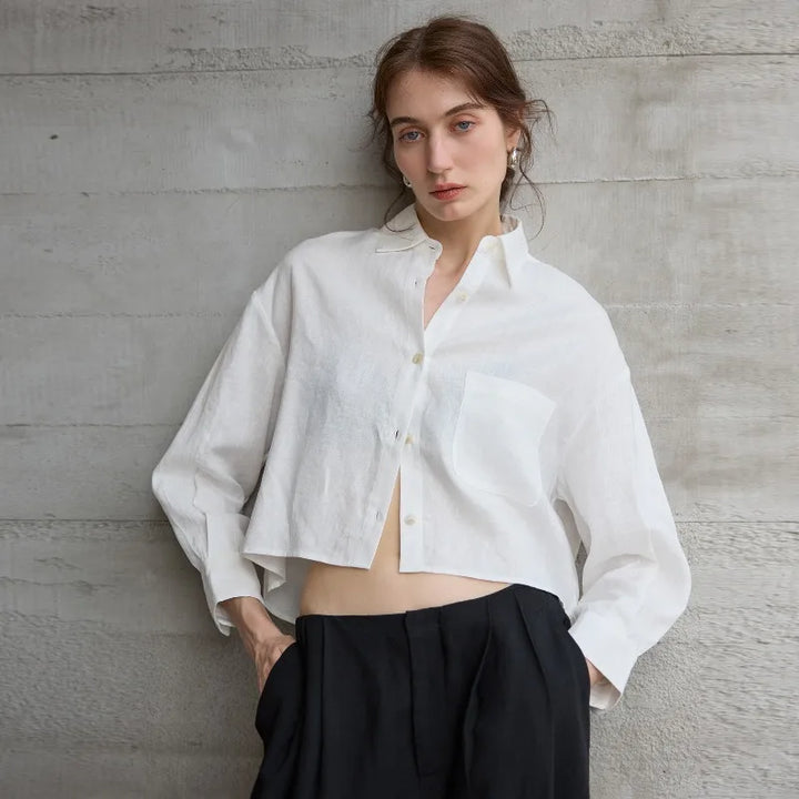Verity | Women's Cropped Oversized Long Sleeve Button-Down Shirt - Sage - Image 14