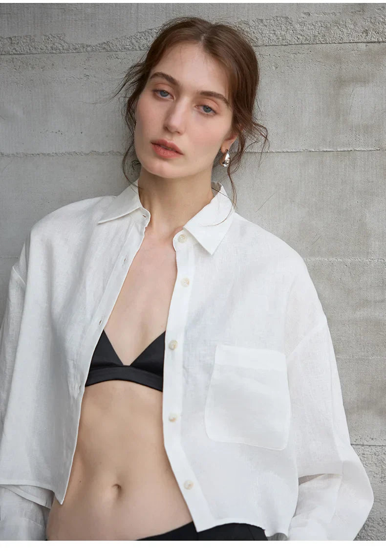 Verity | Women's Cropped Oversized Long Sleeve Button-Down Shirt - Sage - Image 24
