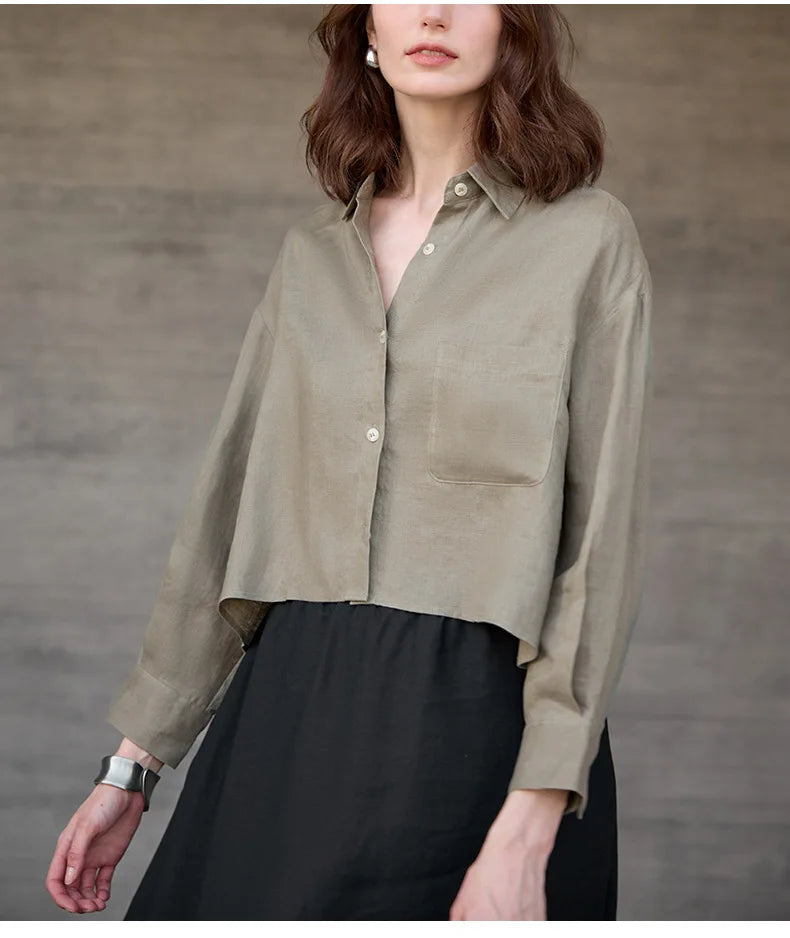 Verity | Women's Cropped Oversized Long Sleeve Button-Down Shirt - Sage - Image 28