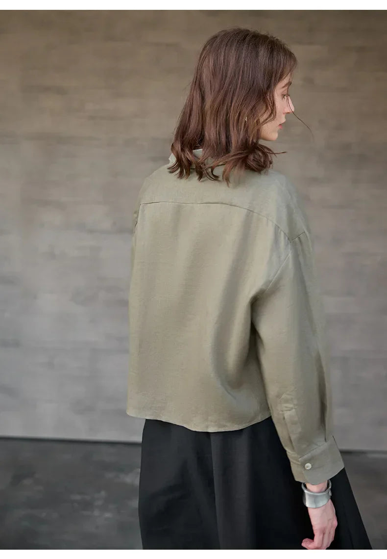 Verity | Women's Cropped Oversized Long Sleeve Button-Down Shirt - Sage - Image 30