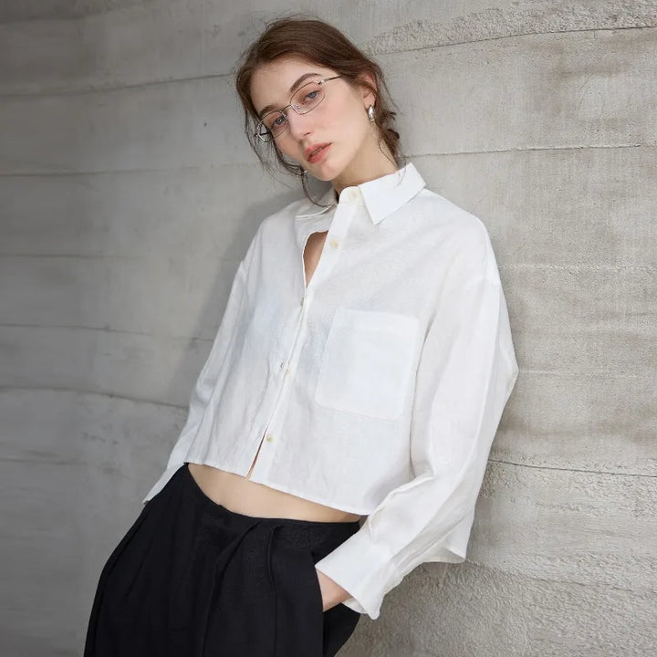 Verity | Women's Cropped Oversized Long Sleeve Button-Down Shirt - Sage - Image 33