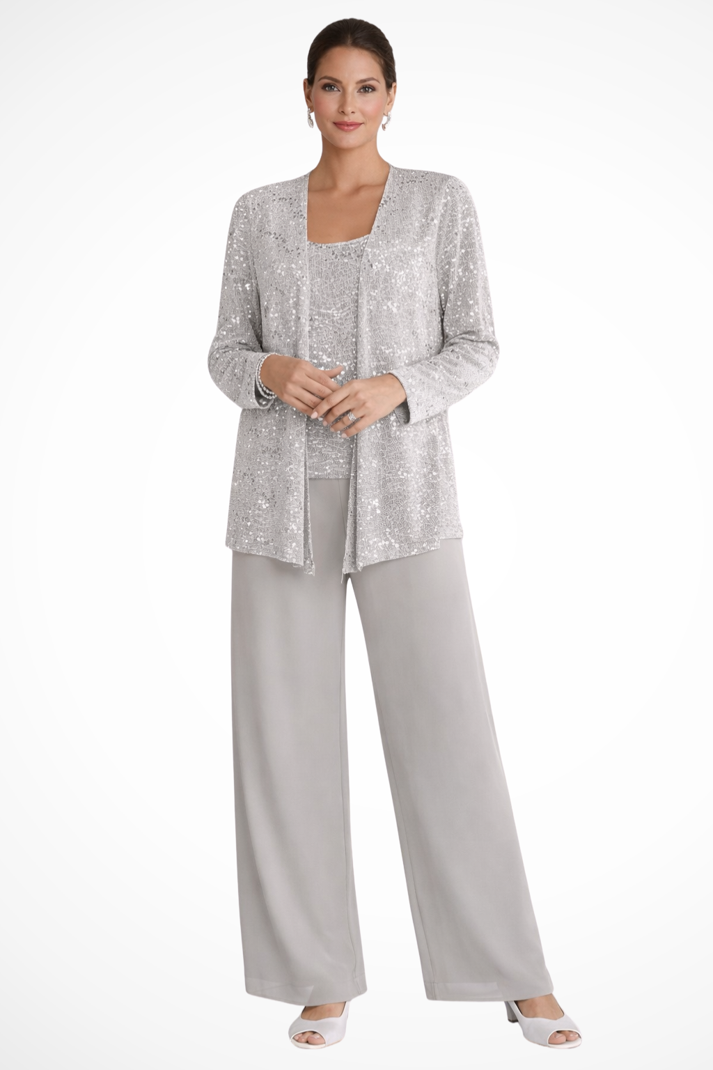 Veronica | Women's Three Piece Wide Leg Pant Set with Jacket - Silver - Image 1