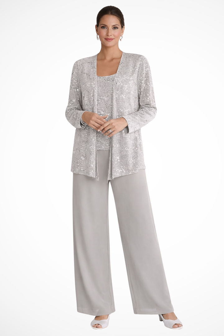 Veronica | Women's Three Piece Wide Leg Pant Set with Jacket - Silver - Image 1