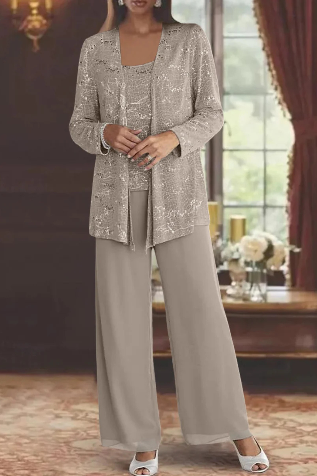 Veronica | Women's Three Piece Wide Leg Pant Set with Jacket - Silver - Image 10