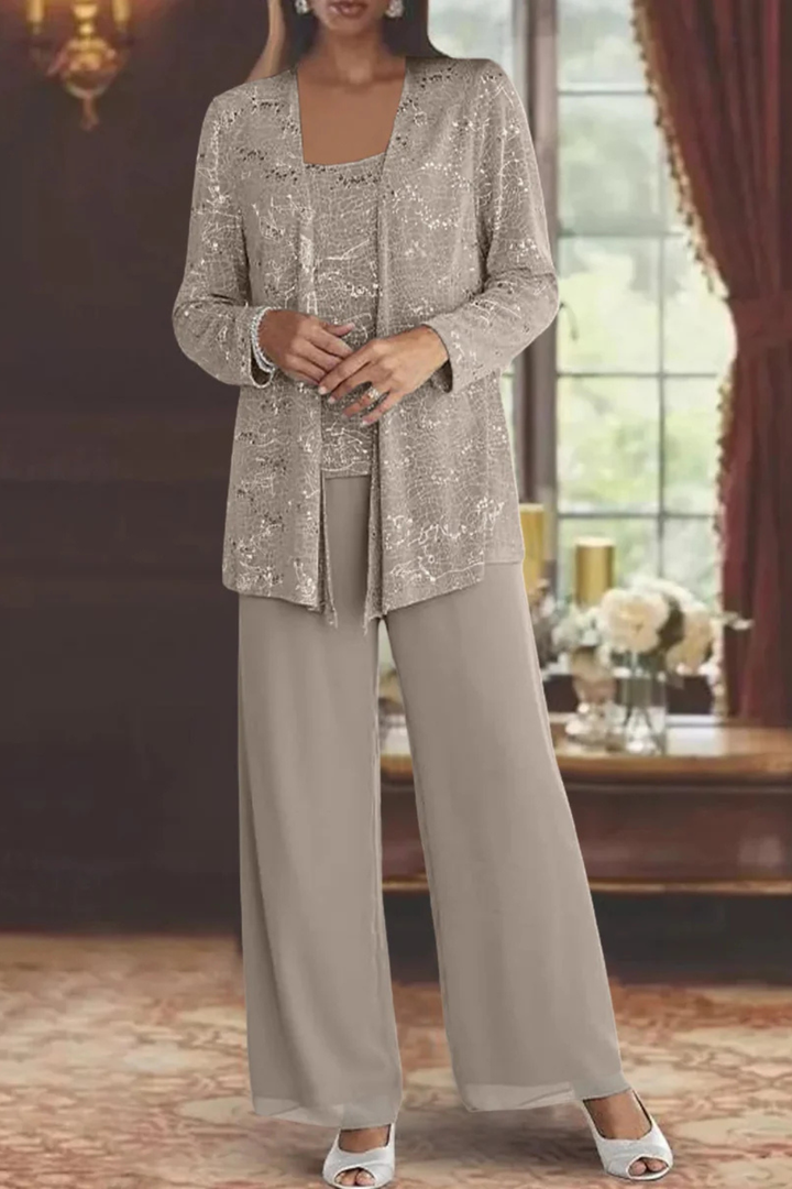 Veronica | Women's Three Piece Wide Leg Pant Set with Jacket - Silver - Image 10