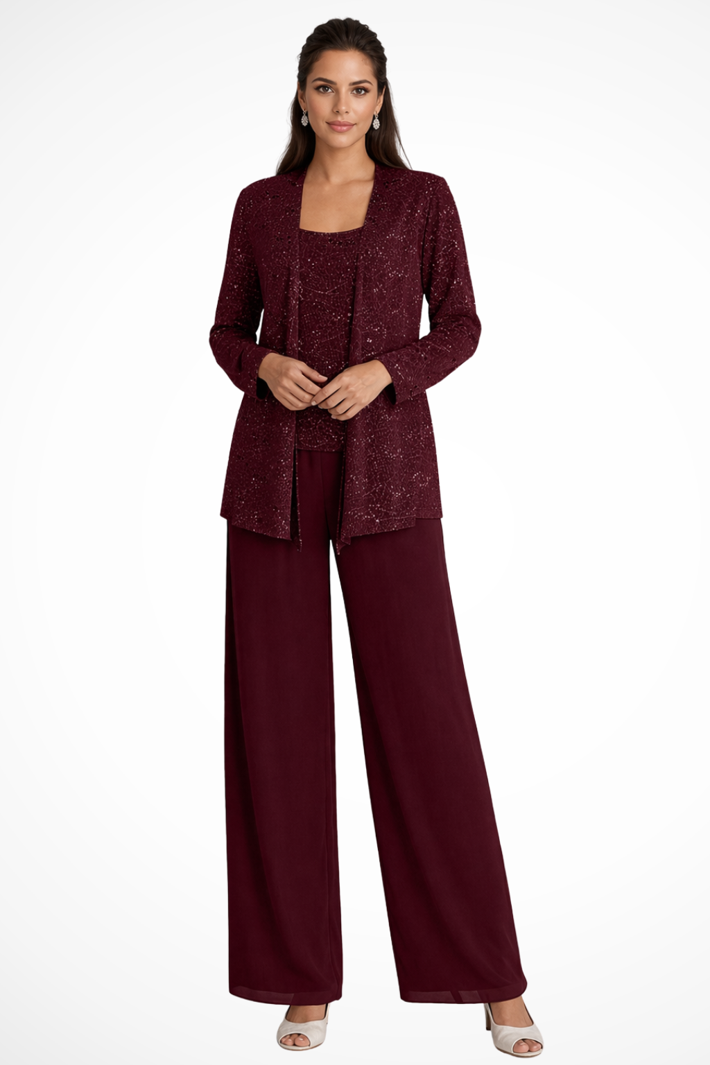 Veronica | Women's Three Piece Wide Leg Pant Set with Jacket - Silver - Image 11