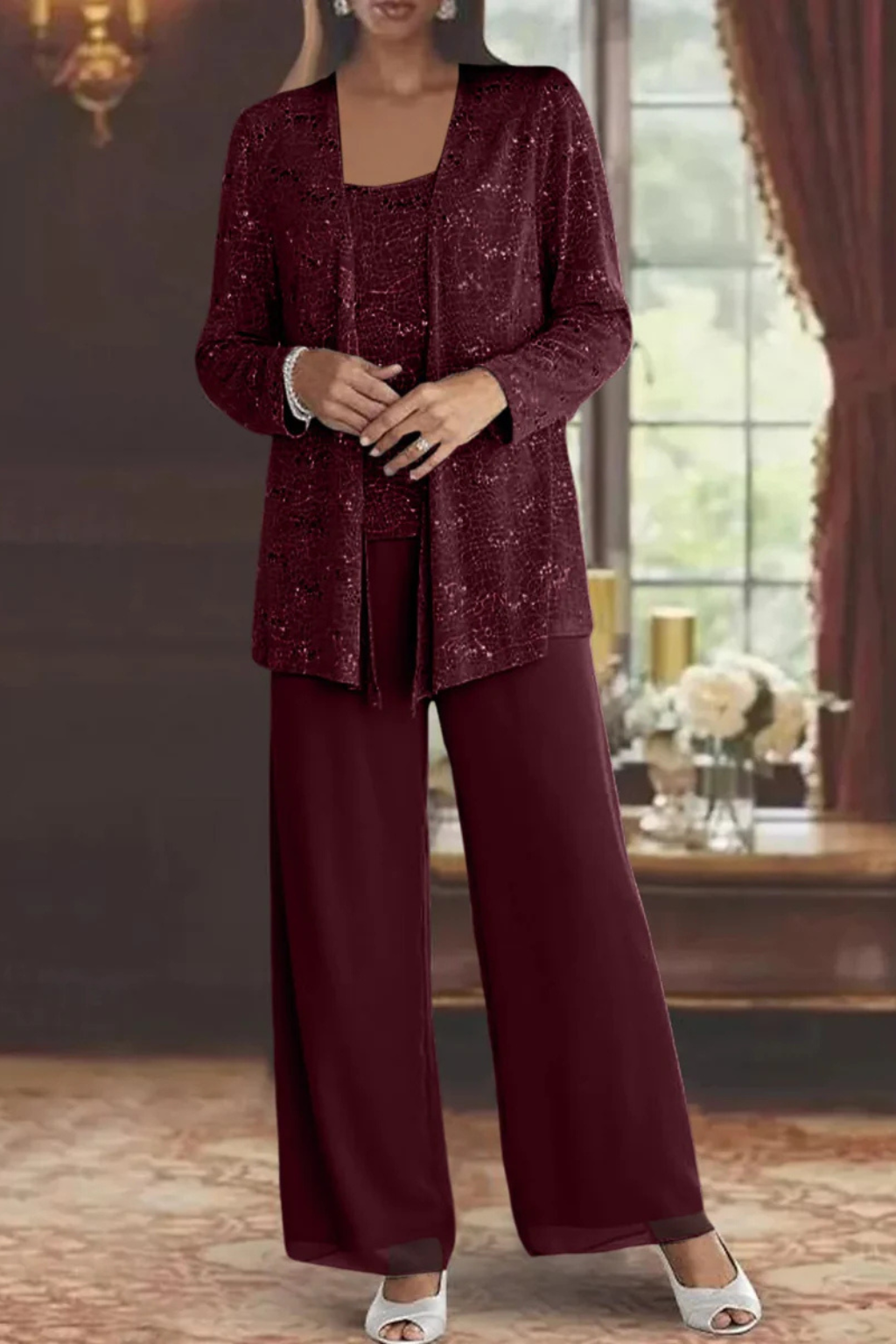 Veronica | Women's Three Piece Wide Leg Pant Set with Jacket - Silver - Image 12