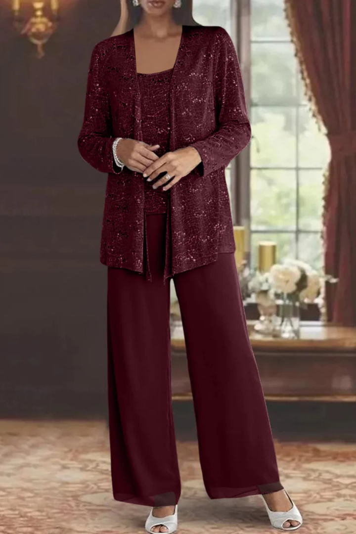 Veronica | Women's Three Piece Wide Leg Pant Set with Jacket - Silver - Image 12