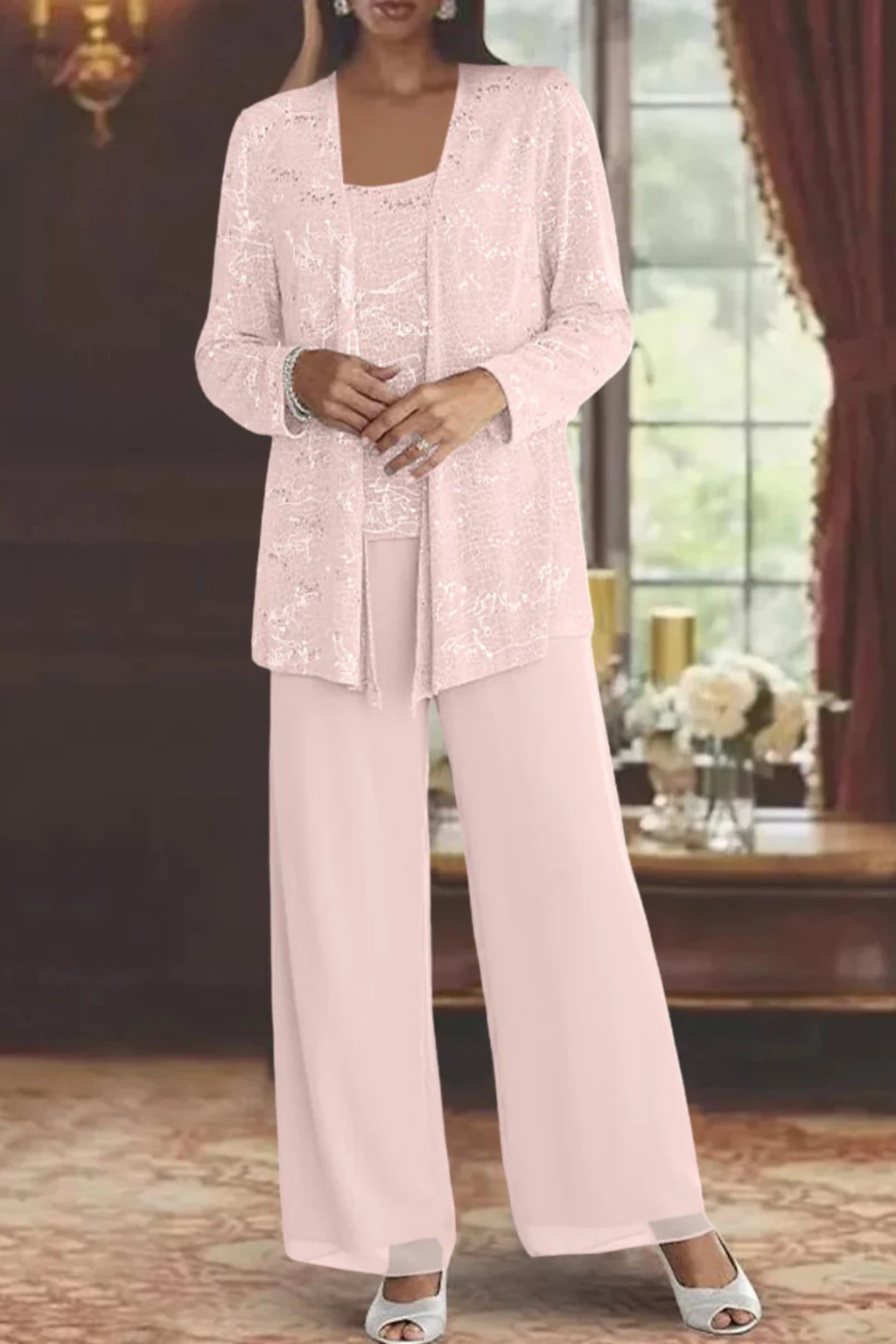 Veronica | Women's Three Piece Wide Leg Pant Set with Jacket - Silver - Image 14
