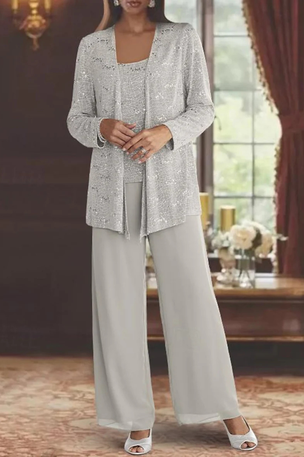 Veronica | Women's Three Piece Wide Leg Pant Set with Jacket - Silver - Image 2