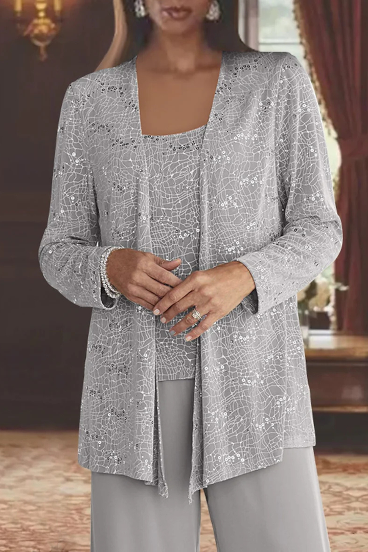 Veronica | Women's Three Piece Wide Leg Pant Set with Jacket - Silver - Image 3