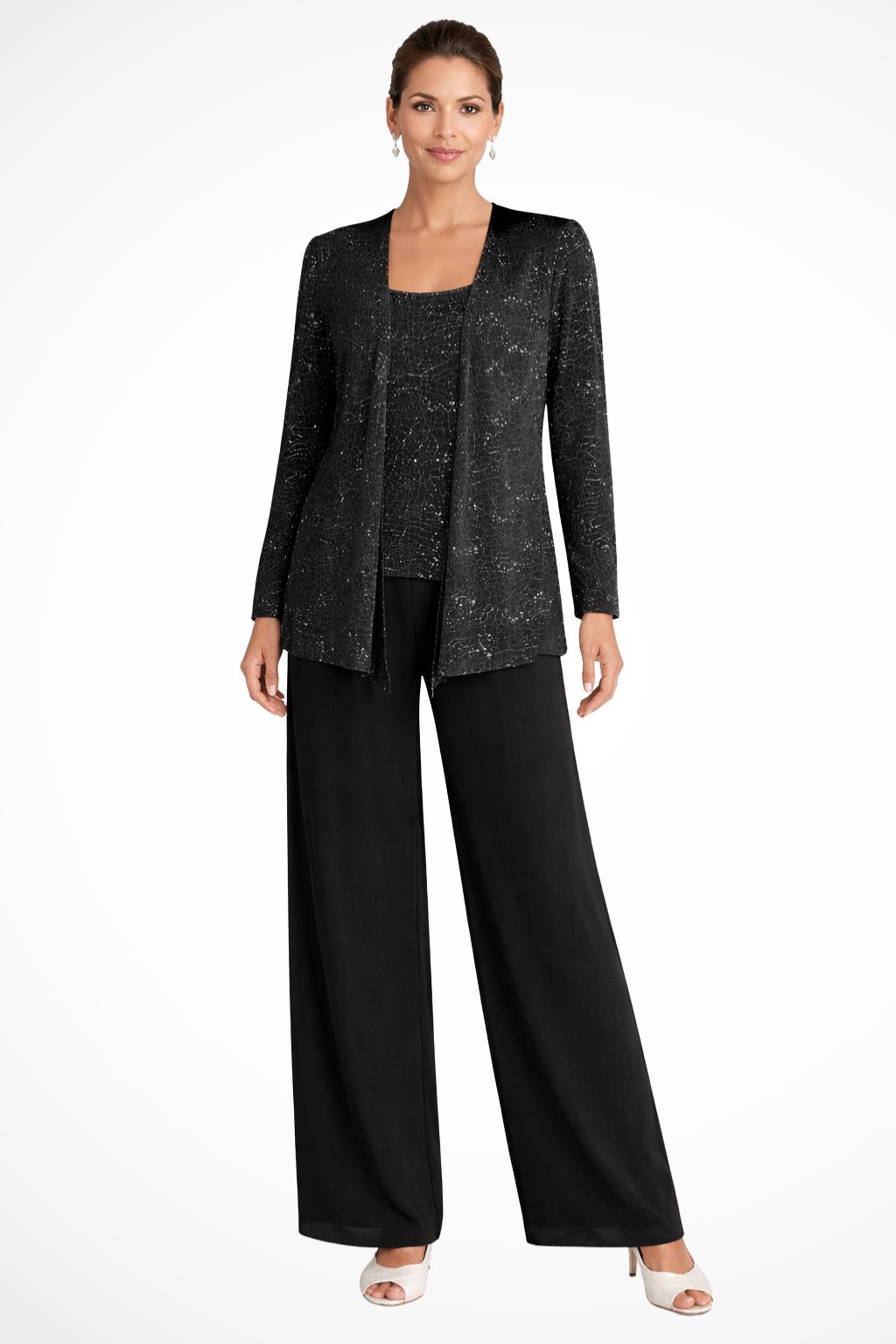 Veronica | Women's Three Piece Wide Leg Pant Set with Jacket - Silver - Image 5