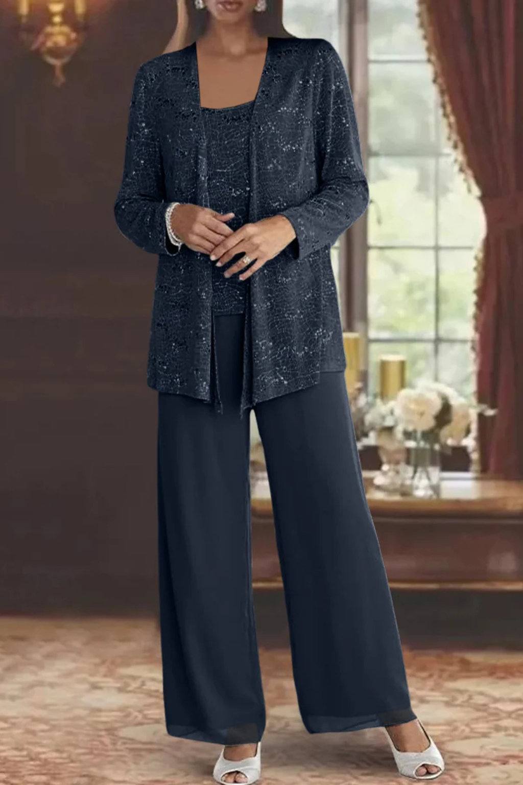 Veronica | Women's Three Piece Wide Leg Pant Set with Jacket - Silver - Image 8