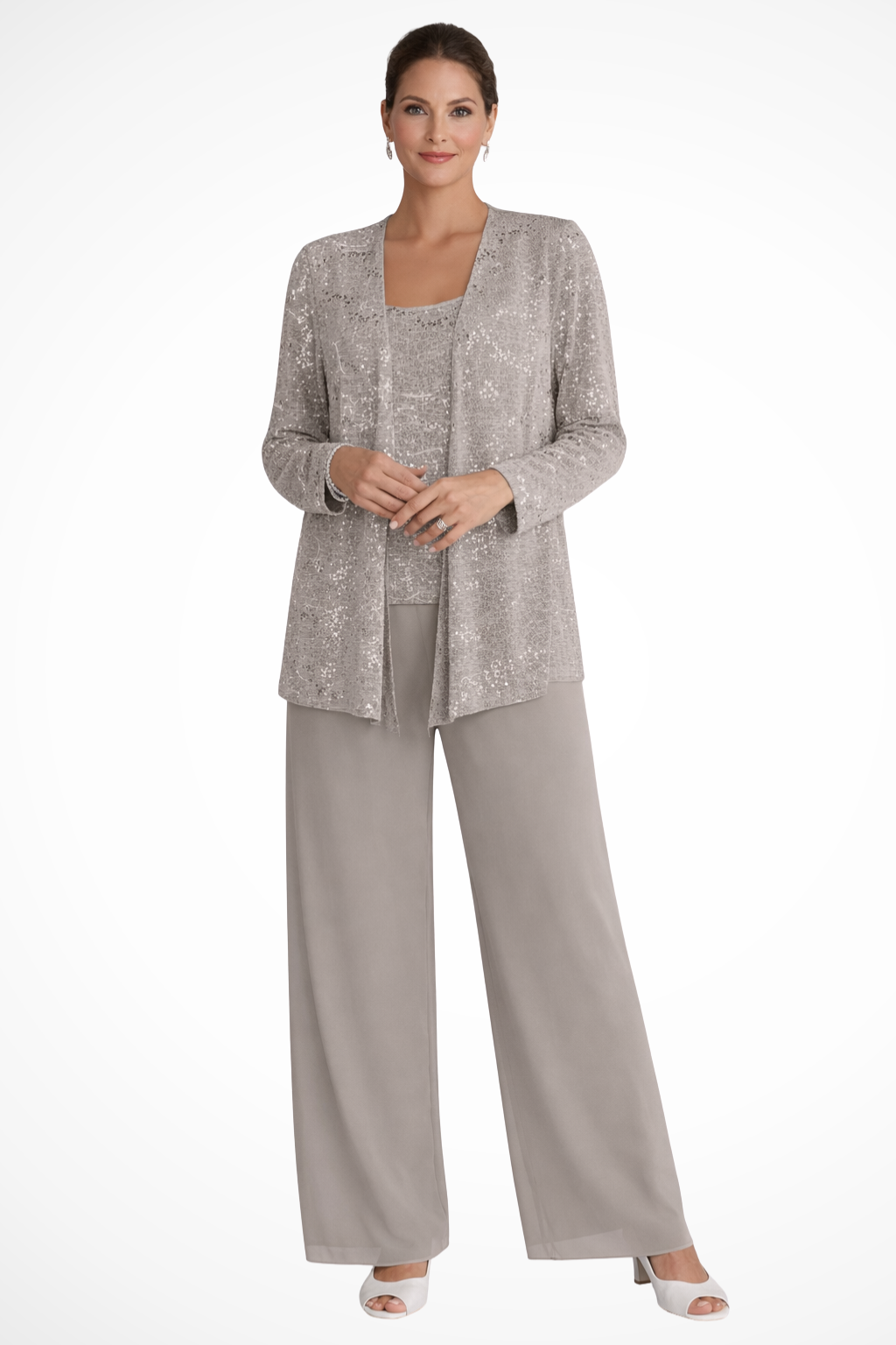 Veronica | Women's Three Piece Wide Leg Pant Set with Jacket - Silver - Image 9