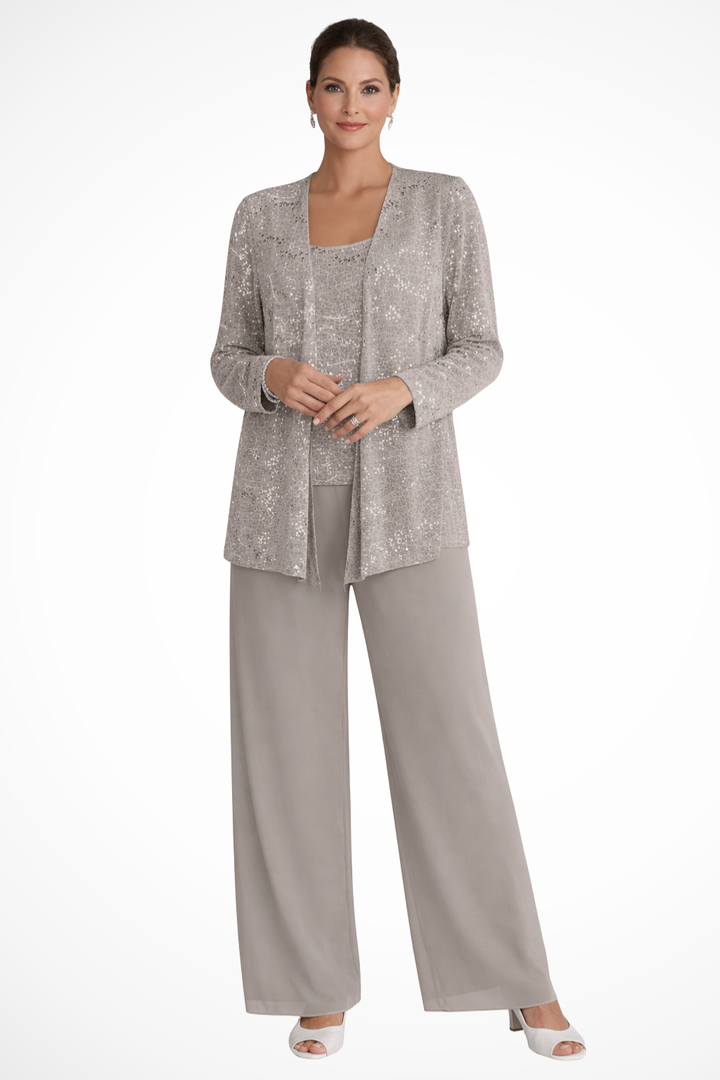 Veronica | Women's Three Piece Wide Leg Pant Set with Jacket - Silver - Image 9