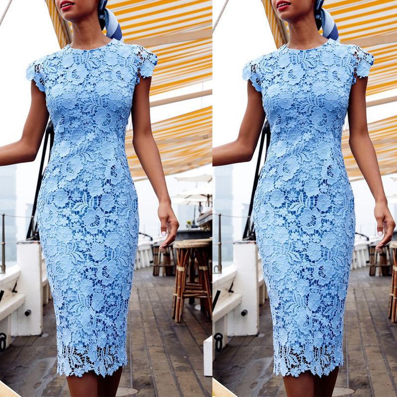 Vesna | Women's Lace Bodycon Midi Dress - Light Blue - Image 1