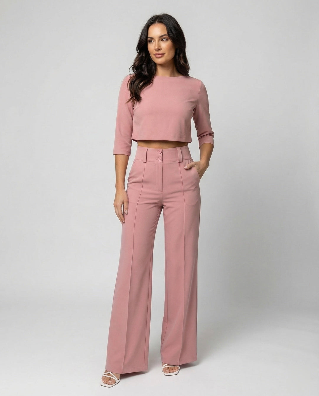 Vivara | Women's Wide Leg High Waist Two-Piece Pants Set - Pink - Image 1