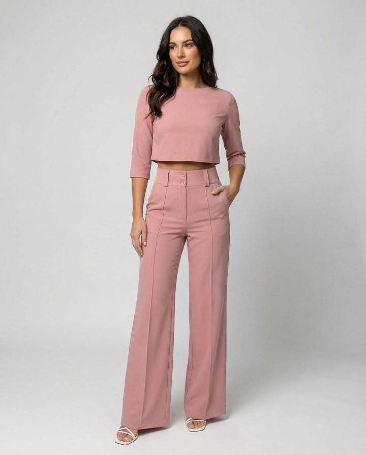 Vivara | Women's Wide Leg High Waist Two-Piece Pants Set - Pink - Image 1