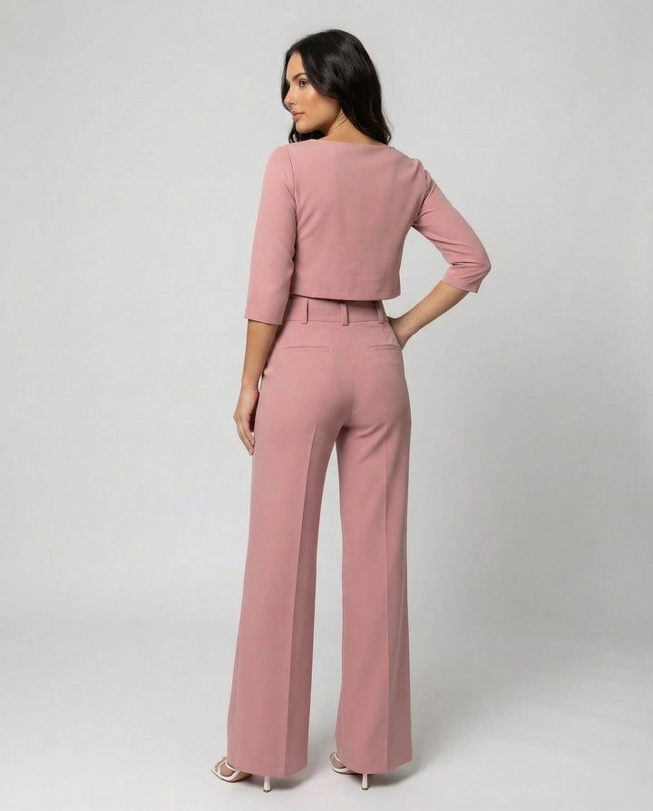 Vivara | Women's Wide Leg High Waist Two-Piece Pants Set - Pink - Image 3