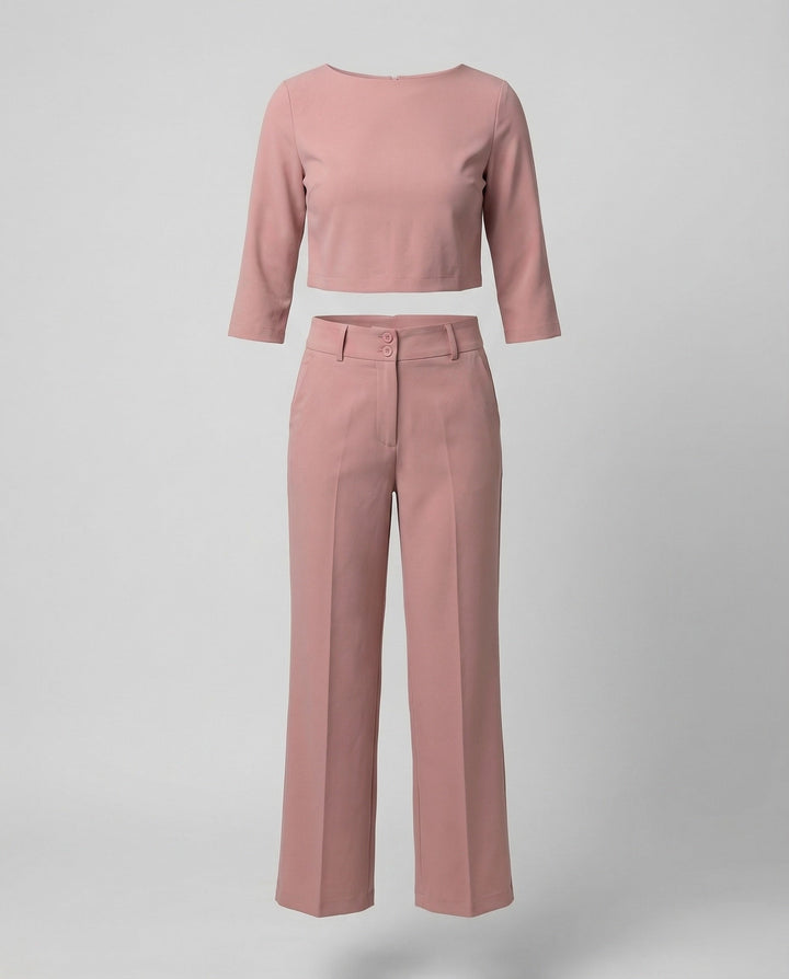 Vivara | Women's Wide Leg High Waist Two-Piece Pants Set - Pink - Image 4