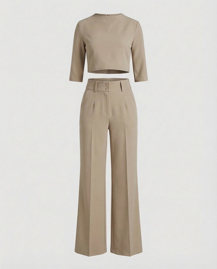 Vivara | Women's Wide Leg High Waist Two-Piece Pants Set - Pink - Image 7
