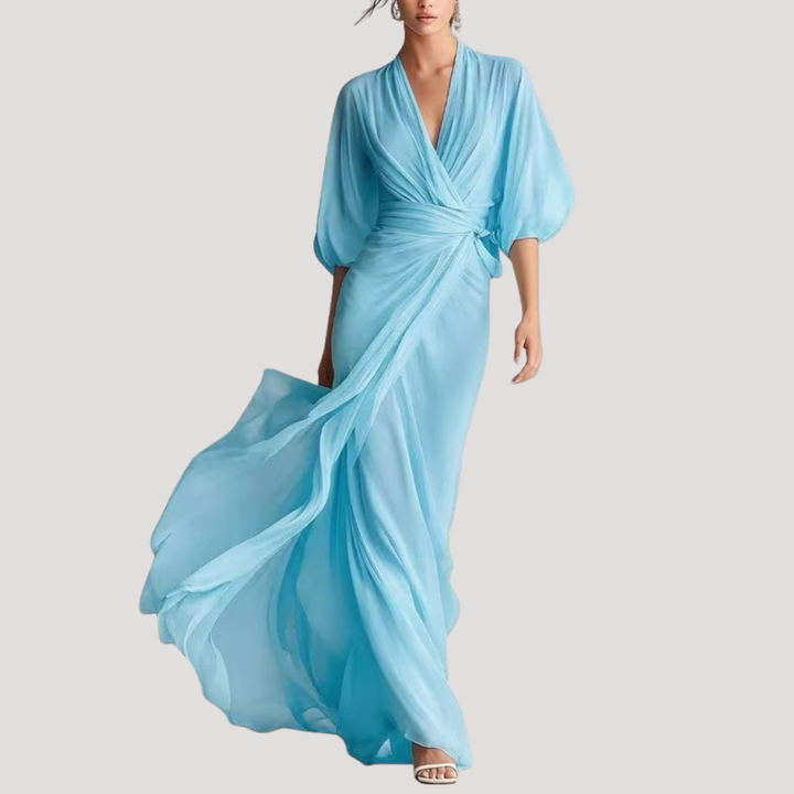 Viviana | Women's Wrap Front Long Sleeve Maxi Dress - Champagne - Image 2