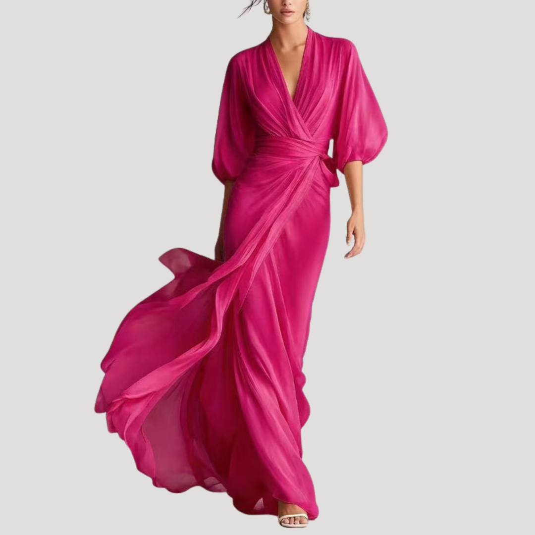 Viviana | Women's Wrap Front Long Sleeve Maxi Dress - Champagne - Image 3