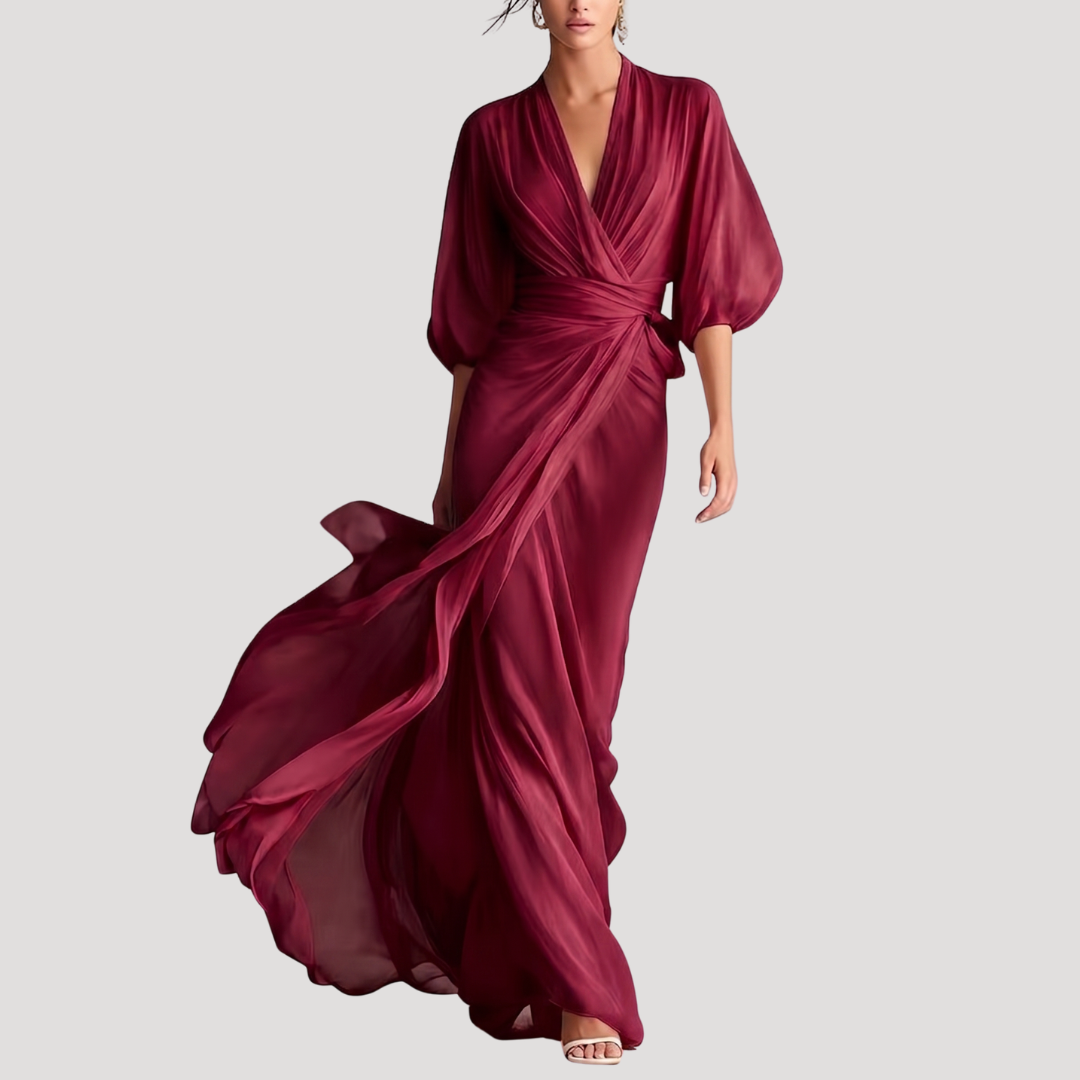 Viviana | Women's Wrap Front Long Sleeve Maxi Dress - Champagne - Image 4