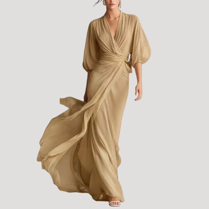 Viviana | Women's Wrap Front Long Sleeve Maxi Dress - Champagne - Image 5