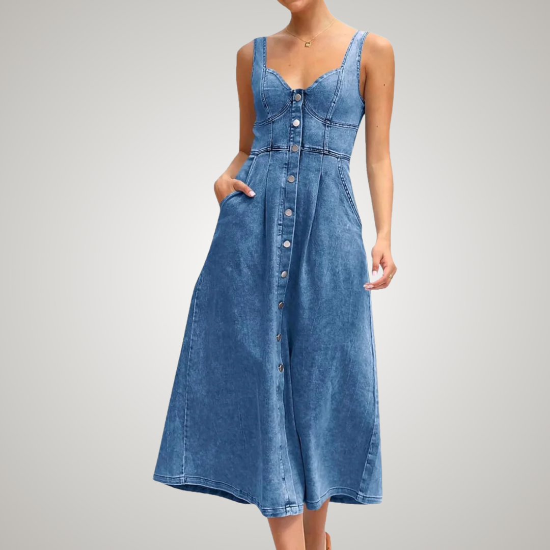 Cindy™ | Classic Sleeveless Button-Front Denim Dress