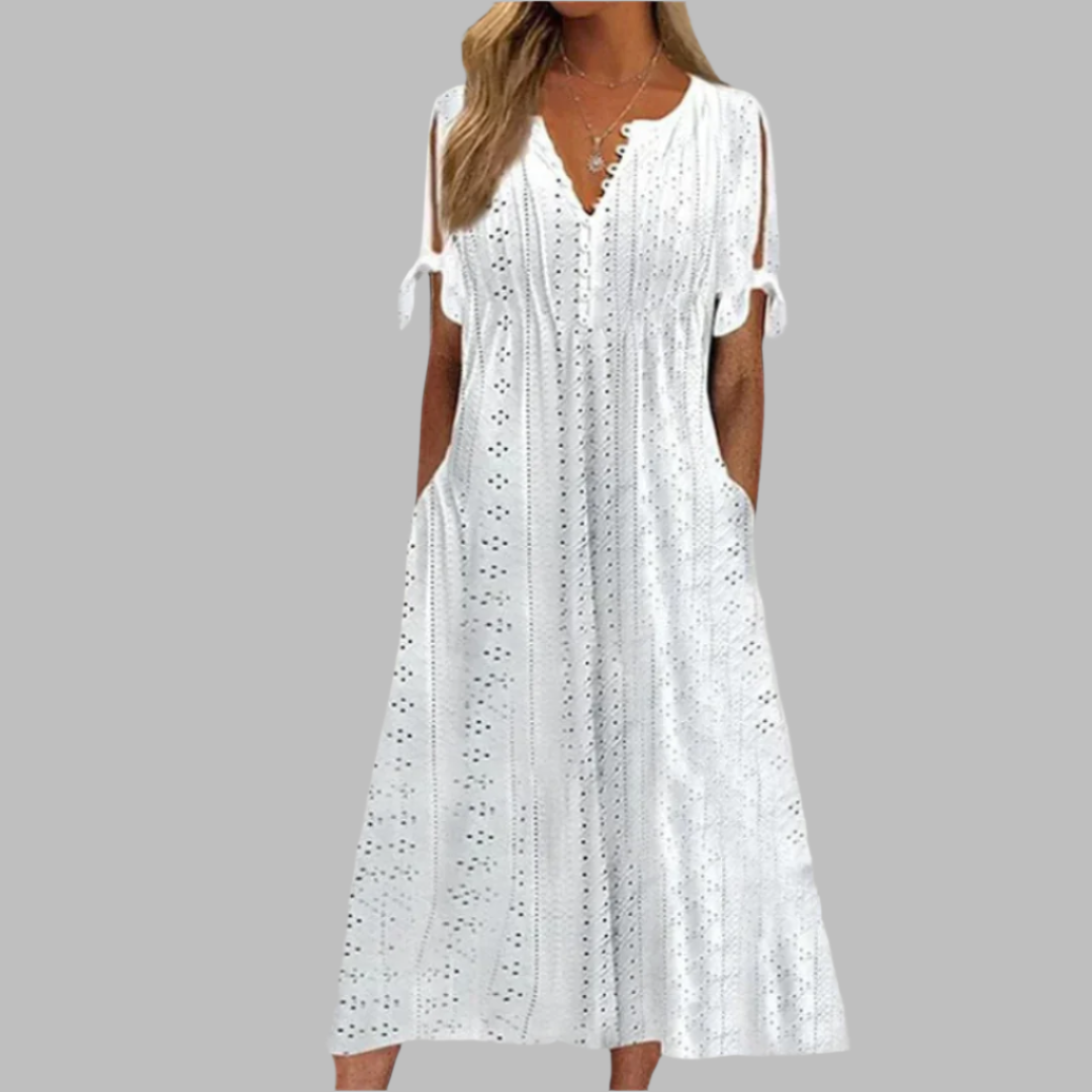 Willa | Women's Eyelet V-Neck Short Sleeve Midi Dress - White - Image 1