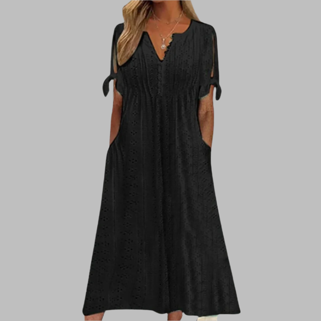 Willa | Women's Eyelet V-Neck Short Sleeve Midi Dress - White - Image 2