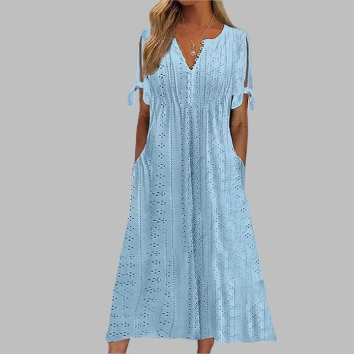 Willa | Women's Eyelet V-Neck Short Sleeve Midi Dress - White - Image 3