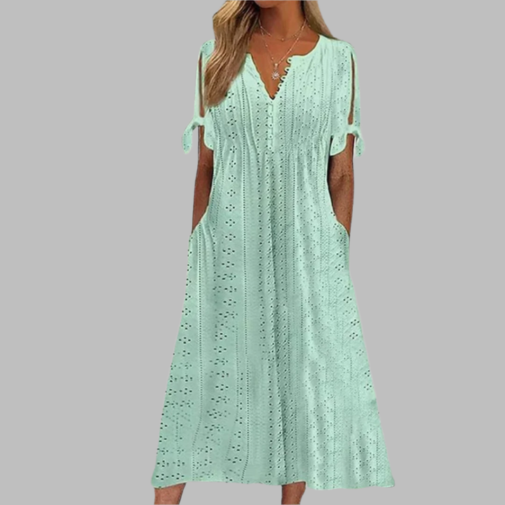 Willa | Women's Eyelet V-Neck Short Sleeve Midi Dress - White - Image 4