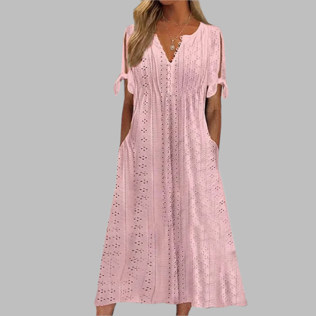 Willa | Women's Eyelet V-Neck Short Sleeve Midi Dress - White - Image 5