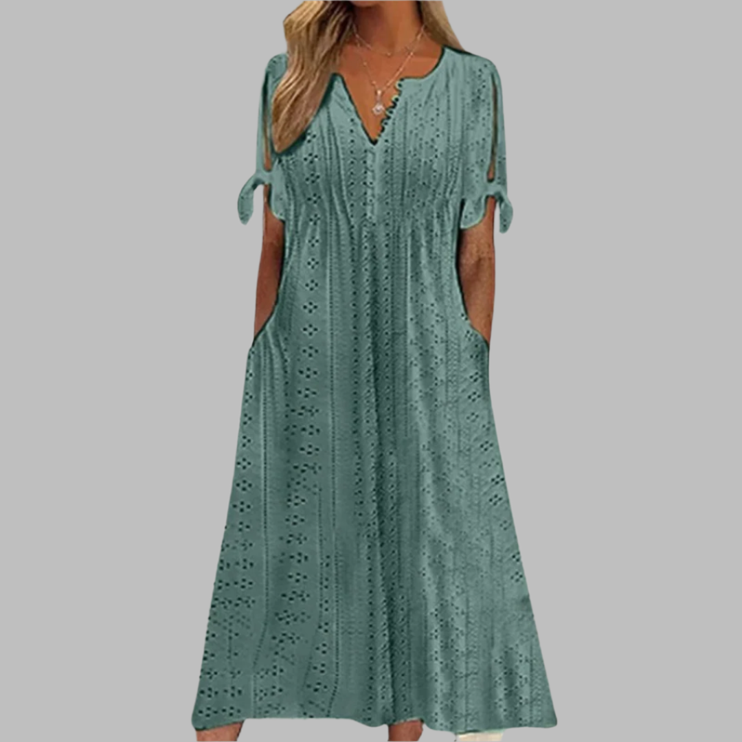 Willa | Women's Eyelet V-Neck Short Sleeve Midi Dress - White - Image 6