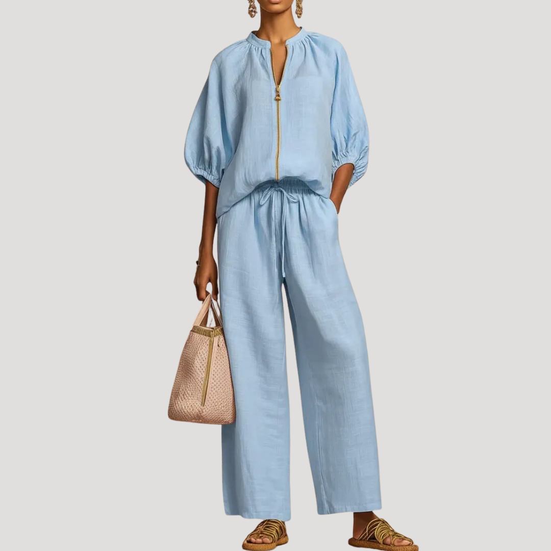 Willa | Women's Zip Front Two Piece Set - Light Blue - Image 1