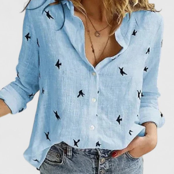 Winifred | Women's V-Neck Button Down Long Sleeve Blouse - Navy - Image 10