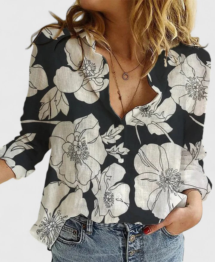Winifred | Women's V-Neck Button Down Long Sleeve Blouse - Navy - Image 12