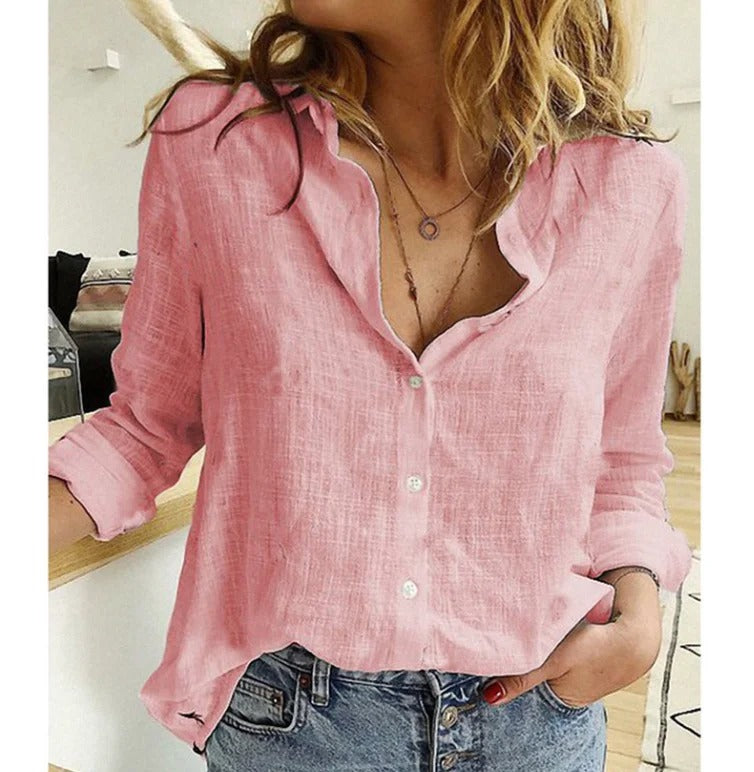 Winifred | Women's V-Neck Button Down Long Sleeve Blouse - Navy - Image 5