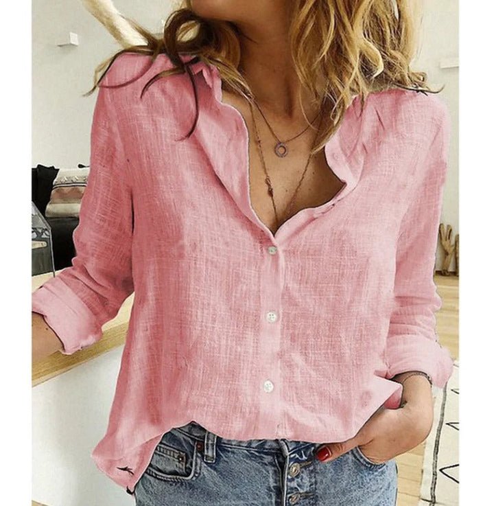 Winifred | Women's V-Neck Button Down Long Sleeve Blouse - Navy - Image 5