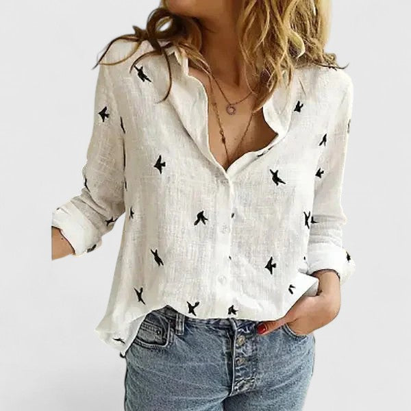 Winifred | Women's V-Neck Button Down Long Sleeve Blouse - Navy - Image 9
